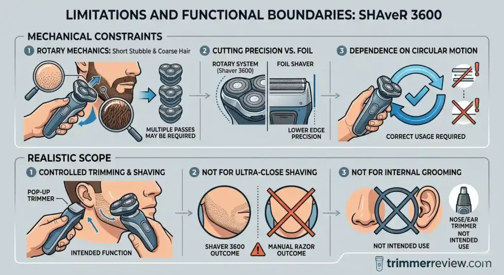 A technical infographic detailing the mechanical constraints and realistic usage scope of the Philips Shaver 3600, from trimmerreview.com.