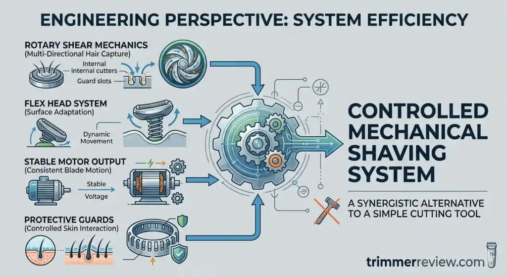 A detailed technical flowchart diagram illustrating how rotary mechanics, flex heads, stable motors, and protective guards combine for system efficiency, from trimmerreview.com.