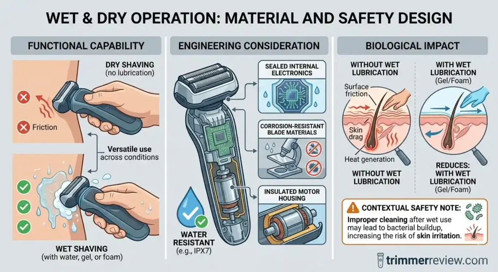 A detailed technical diagram illustrating the engineering and biological impact of wet and dry shaver operation, from trimmerreview.com.