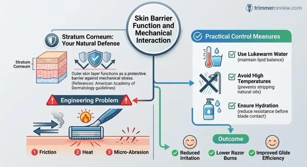 Diagram showing skin barrier function (stratum corneum) and the mechanical effects of shaving, including friction, heat, and micro-abrasion on the skin surface.
