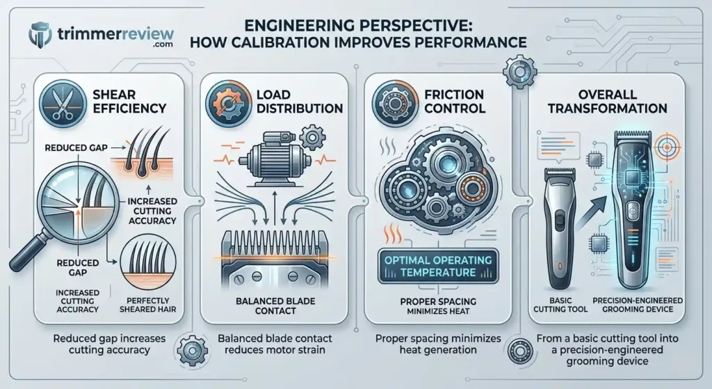 An infographic detailing the engineering benefits of zero-gap blade calibration on a light gray background, from trimmerreview.com.