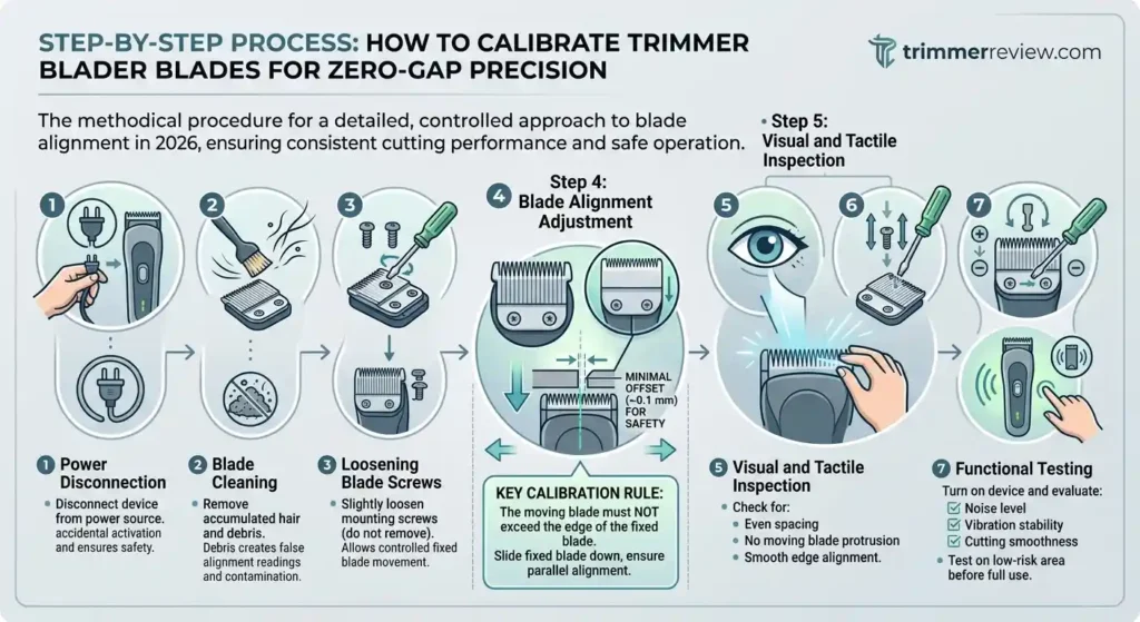 Infographic from trimmerreview.com detailing a seven-step guide for calibrating hair trimmer blades to achieve zero-gap precision safely, with illustrative icons.