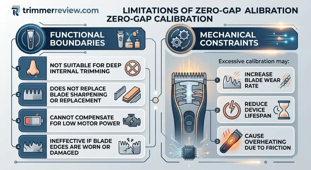 Infographic diagram detailing the functional and mechanical limitations of zero-gap blade calibration for hair trimmers, from trimmerreview.com.
