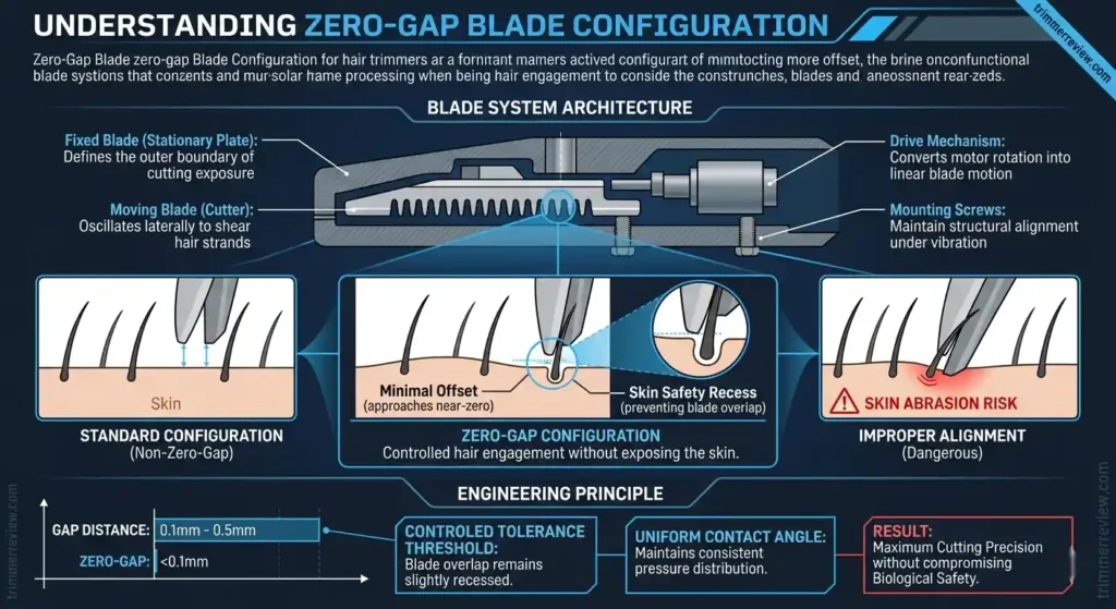 Technical diagram showing zero-gap blade configuration and system architecture for hair trimmers by trimmerreview.com.