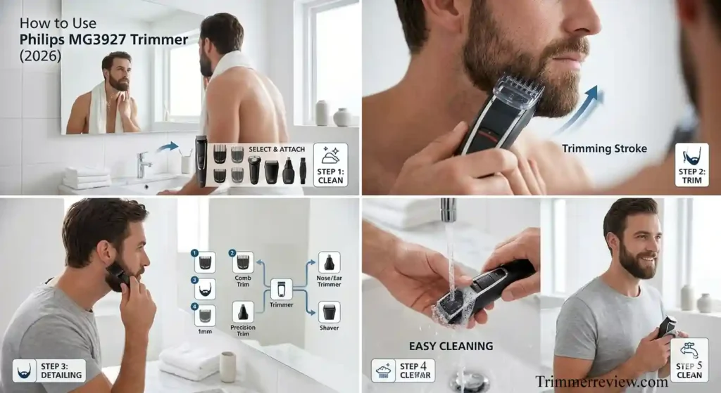 Man using Philips MG3927 trimmer with attachment for smooth beard trimming step by step