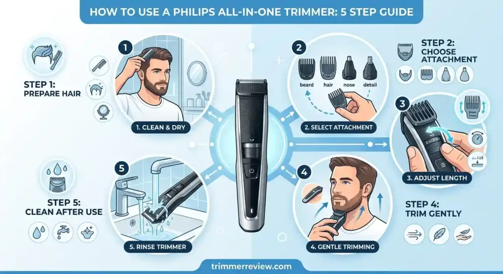 step by step use of Philips all-in-one trimmer showing attachment selection, gentle trimming, and cleaning.