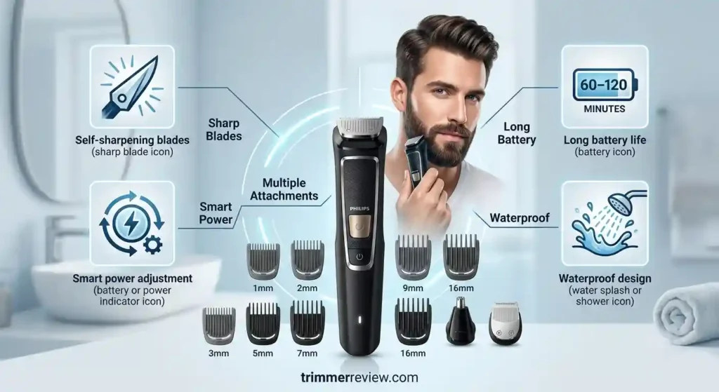 Philips all-in-one trimmer with multiple attachments, long battery life, and waterproof design for easy grooming