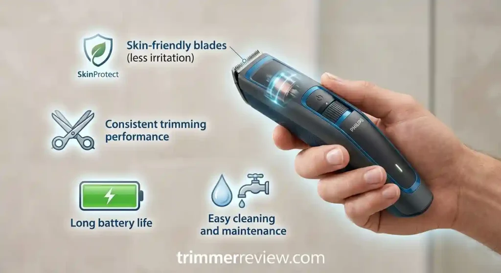 Philips beard trimmer showing skin-friendly blades, reliable trimming, long battery life, and easy cleaning. trimmerreview.com logo at the bottom.