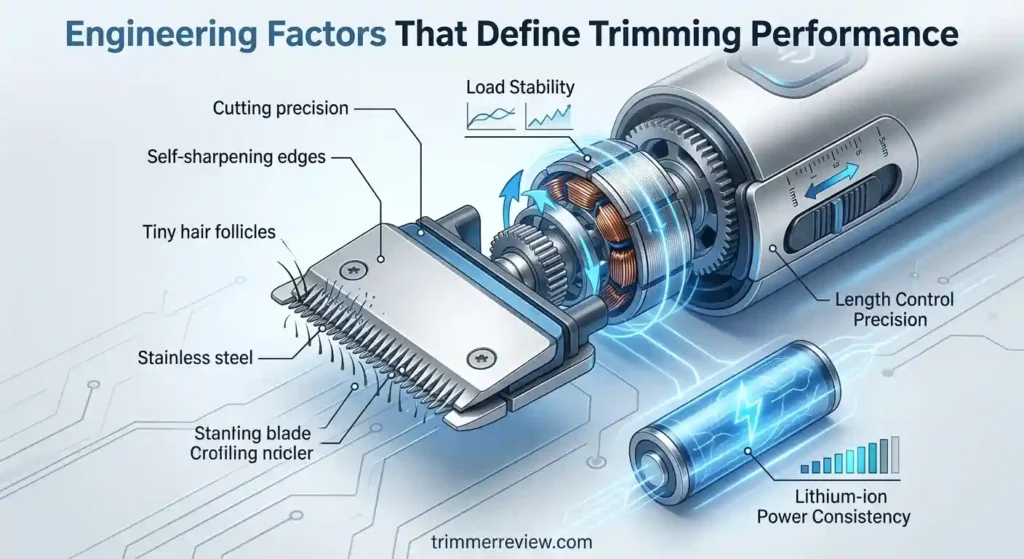 Beard trimmer engineering showing blade system motor torque length control and lithium-ion battery performance