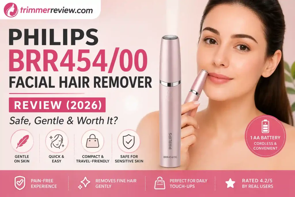 Philips BRR454/00 Facial Hair Remover Review showing compact design and gentle facial hair removal device.