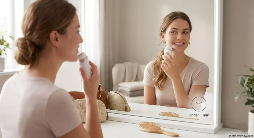 woman using Philips BRR454 facial hair remover in front of mirror showing quick and easy use.