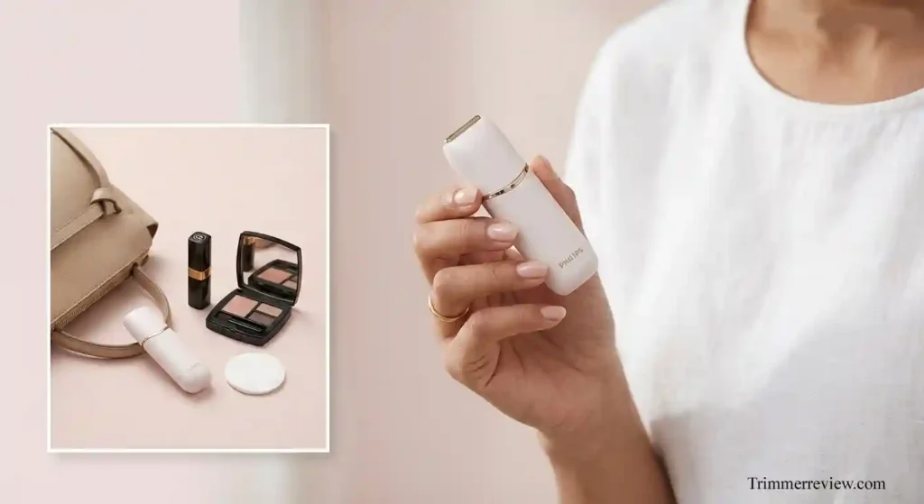 Philips BRR454 facial hair remover compact design held in hand showing easy grip and small size.