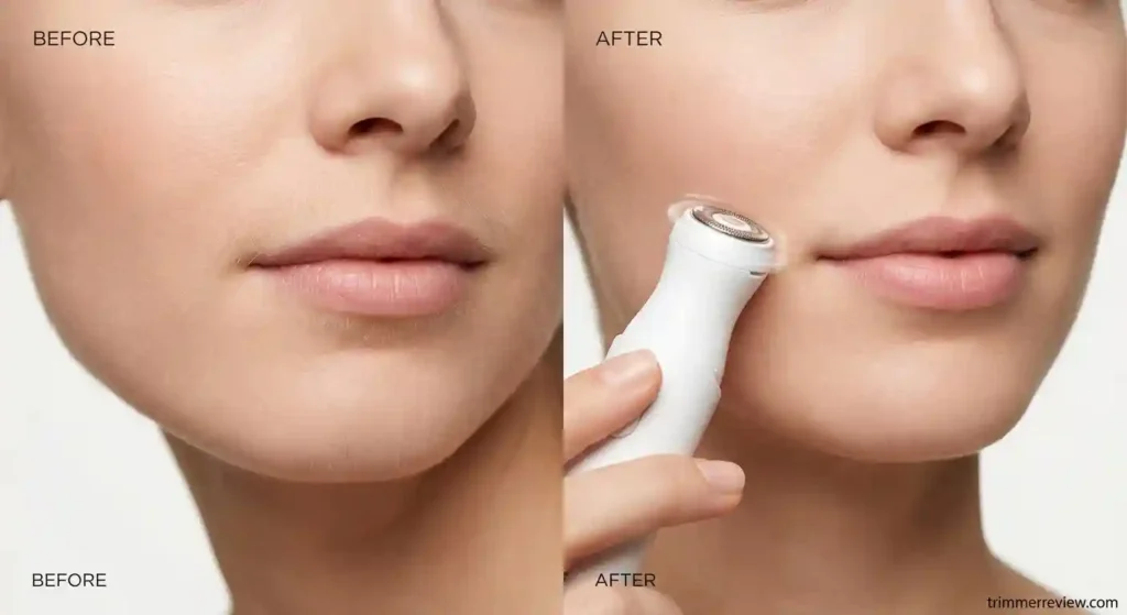 Philips BRR454 facial hair remover used on upper lip for gentle and quick hair removal.