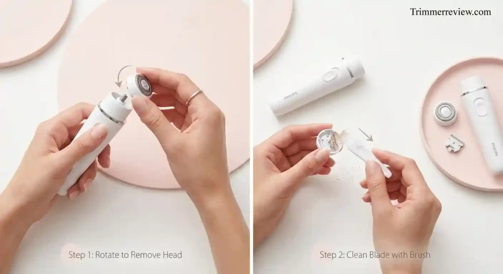 removing head of Philips BRR454 facial hair remover for easy cleaning and maintenance.