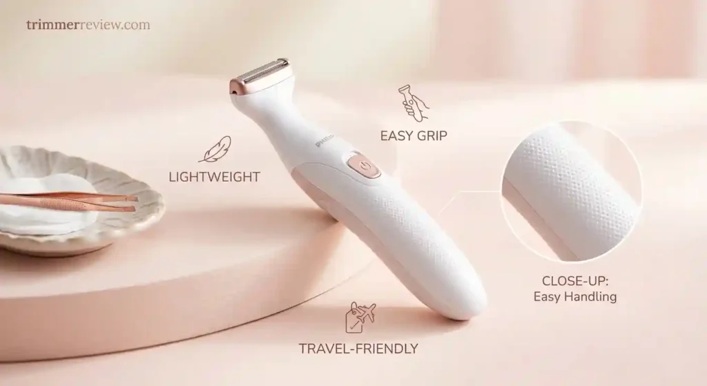 Philips BRT383 body trimmer design showing lightweight build and comfortable grip for easy handling