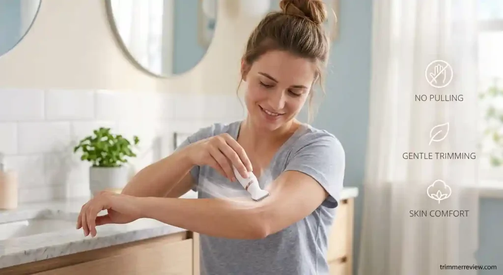 Philips BRT383 body trimmer showing smooth and gentle trimming on skin without irritation.