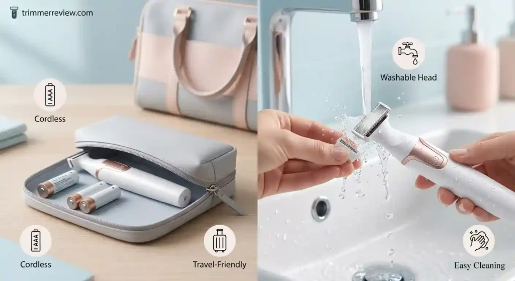 Philips BRT383 trimmer showing cordless portable design and detachable washable head under running water.