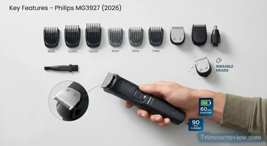 Philips MG3927 9-in-1 trimmer with multiple attachments showing key features for beard hair and body grooming
