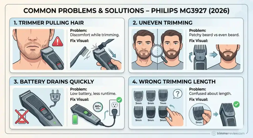 Philips MG3927 trimmer common problems and solutions including pulling hair uneven trimming battery and attachment issues