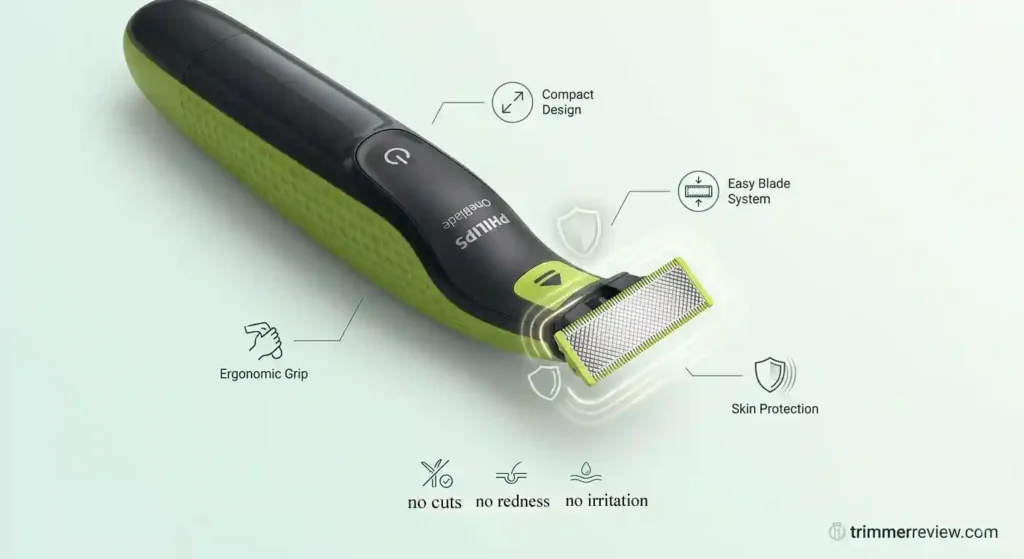 Philips OneBlade Intimate Trimmer design and skin protection features ergonomic grip compact design safe for sensitive areas