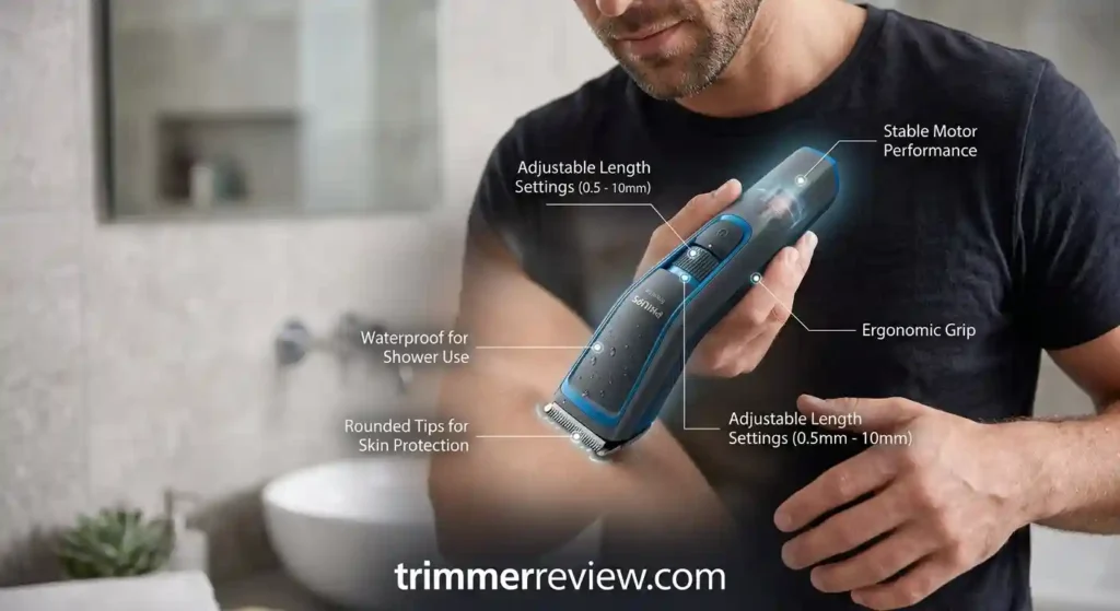 Philips male grooming trimmer for private areas highlighting skin-safe tips, waterproof design, adjustable length, ergonomic handling, and motor stability.