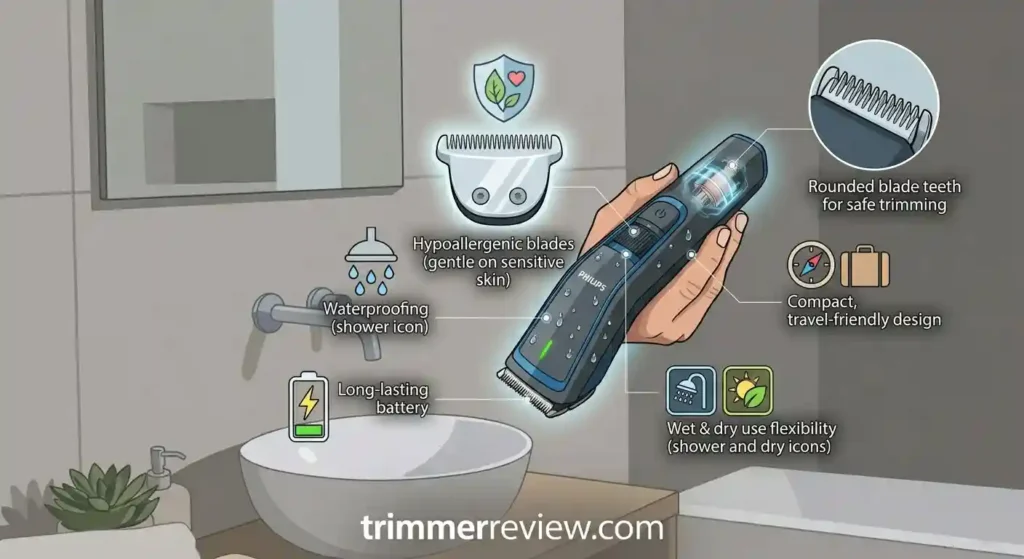 Key features of Philips Male Grooming Trimmer for private areas including hypoallergenic blades, waterproof design, long battery life, and compact size.