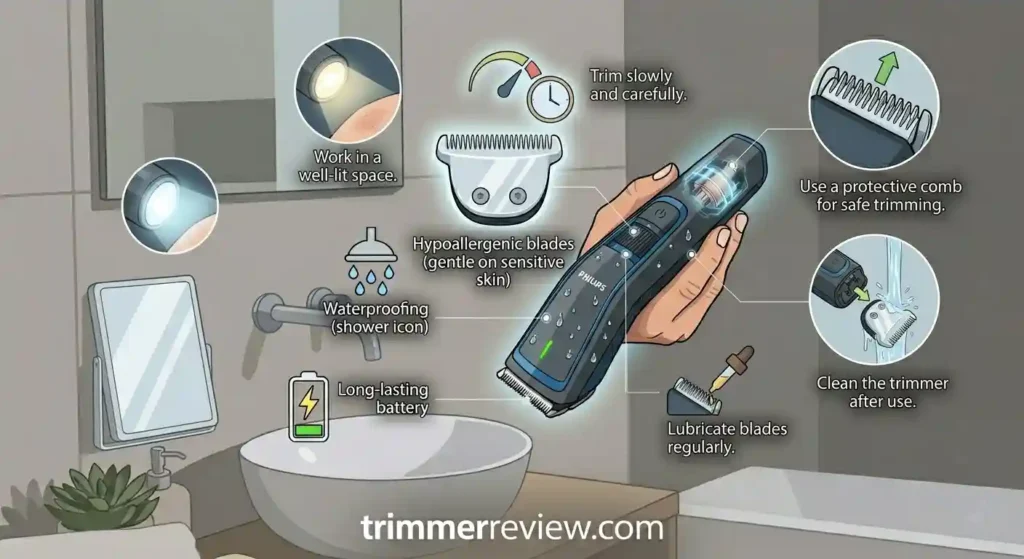 Step-by-step guide on safely using a Philips male grooming trimmer for private areas, including protective comb, proper lighting, and cleaning.