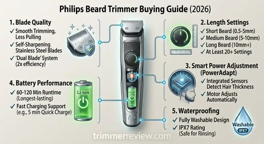 Philips beard trimmer buying guide highlighting key features: blade quality, length settings, battery performance, smart power adjustment, and waterproofing. trimmerreview.com logo at the bottom.