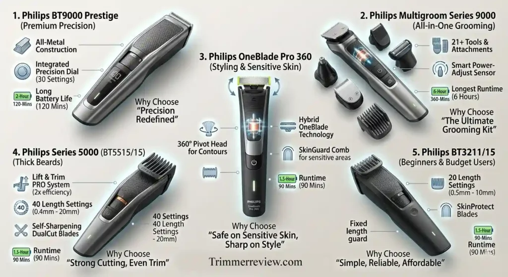 Top Philips beard trimmers for men in 2026: BT9000 Prestige, Multigroom Series 9000, OneBlade Pro 360, Series 5000, and BT3211/15, showing key features and benefits. trimmerreview.com logo at the bottom.