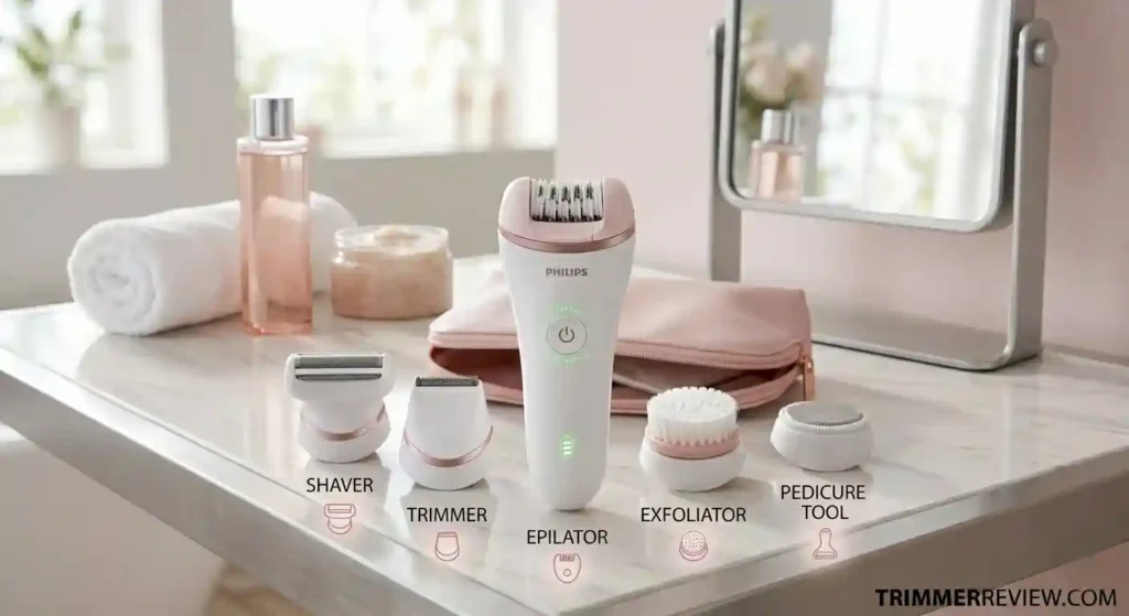 Philips 5-in-1 Epilator for Women (2026) attachments and versatility review.