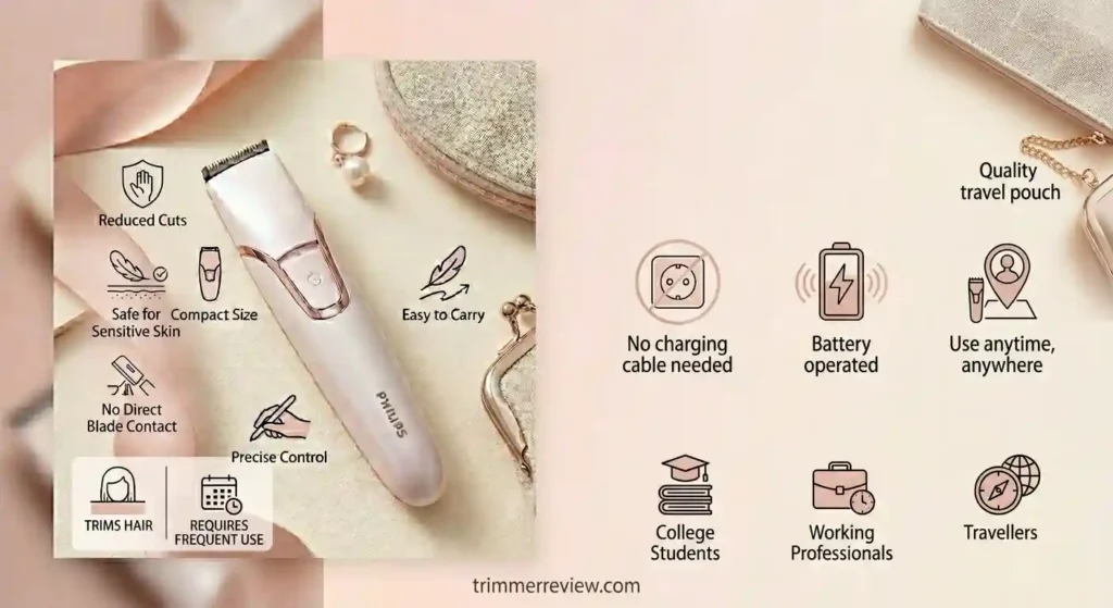 Philips HP6388 touch-up trimmer showing battery operation and portability with travel-friendly design and usage icons.