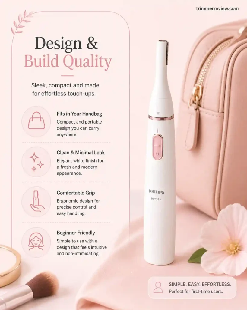 Philips HP6388 touch-up trimmer infographic showing compact design, handbag portability, minimal white finish, and comfortable grip.