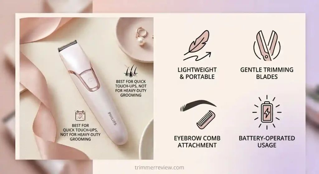 Philips HP6388 touch-up trimmer with icons showing lightweight design, gentle blades, eyebrow comb, and battery operation.