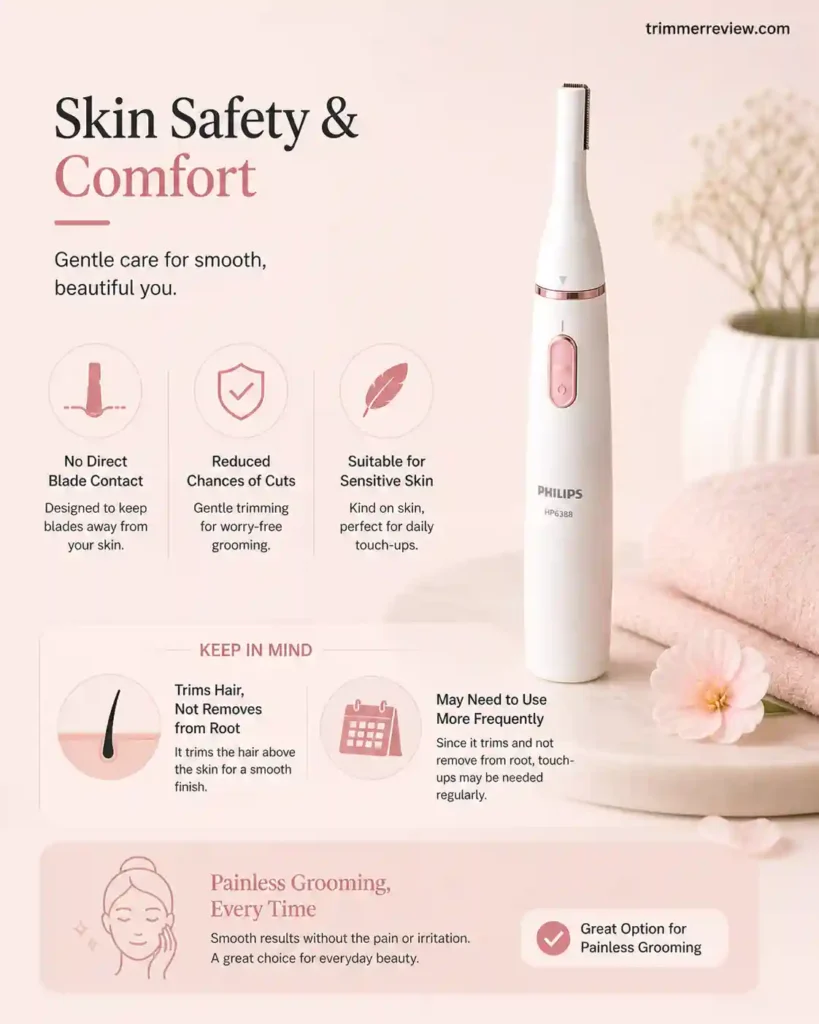 Philips HP6388 touch-up trimmer infographic showing skin safety features like no direct blade contact, reduced cuts, and suitability for sensitive skin.