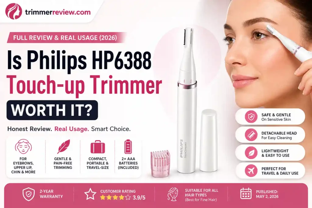 Philips HP6388 Touch-up Trimmer review 2026 showing eyebrow and facial hair trimming usage for women.