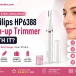 Philips HP6388 Touch-up Trimmer review 2026 showing eyebrow and facial hair trimming usage for women.